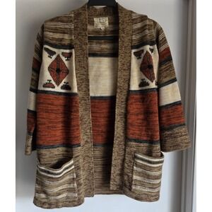 VTG JCPenney Fashions Cardigan Women M Brown Tan Orange Geometric Striped 3/4